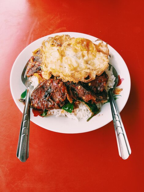 High angle view of food in plate on table