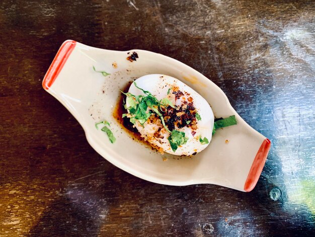 High angle view of food in plate on table