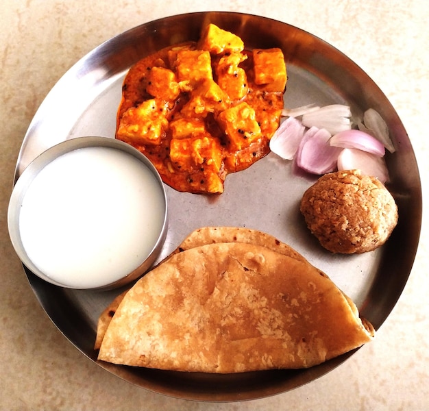 High angle view of food in plate on table