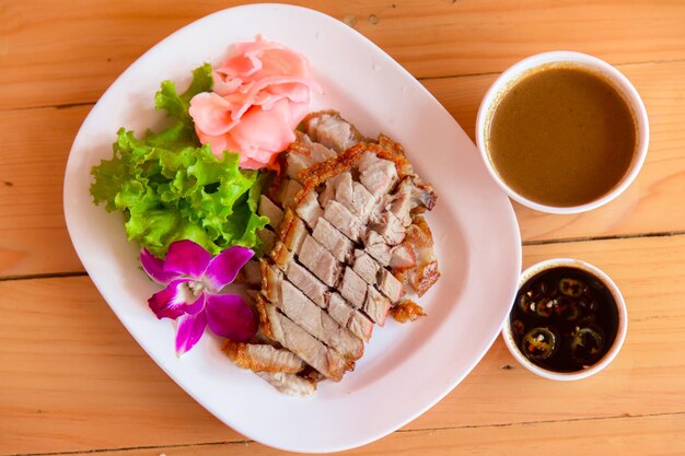 High angle view of food in plate on table