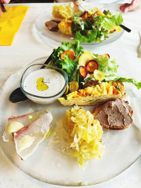 High angle view of food in plate on table