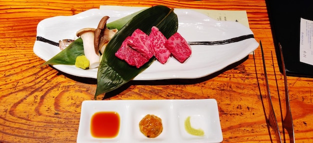 High angle view of food in plate on table