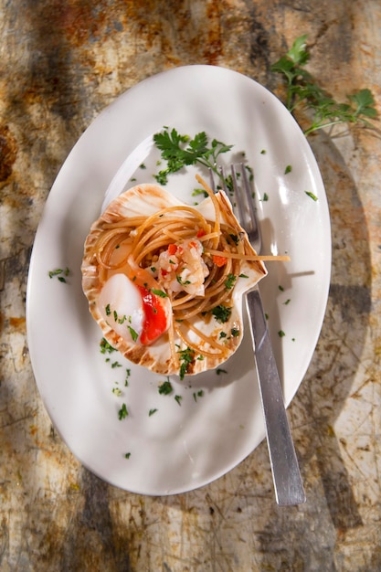 High angle view of food in plate on table