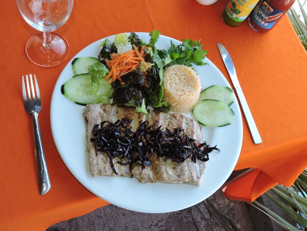 High angle view of food in plate on table