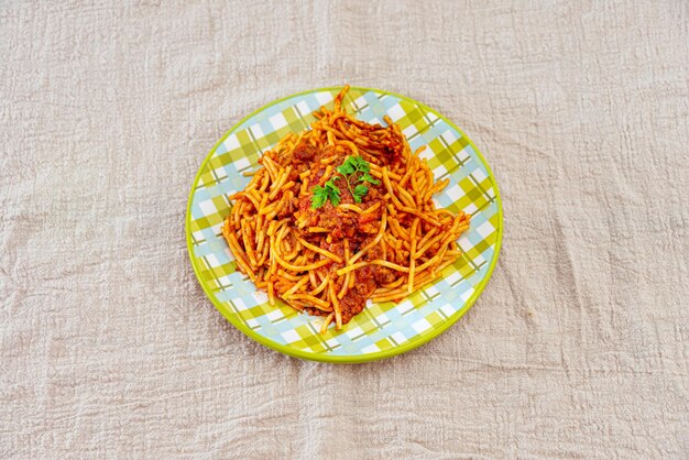 High angle view of food in plate on table