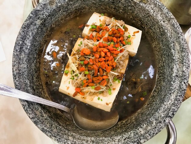 High angle view of food in plate on table