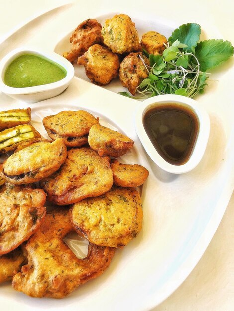 High angle view of food in plate on table