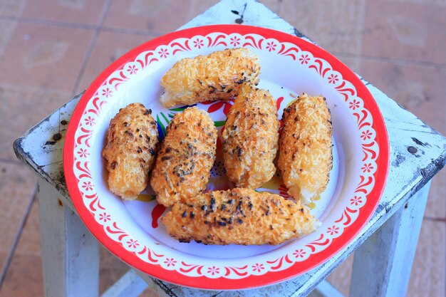 High angle view of food in plate on table