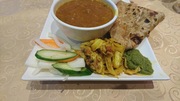 High angle view of food in plate on table