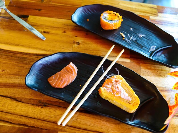 High angle view of food in plate on table