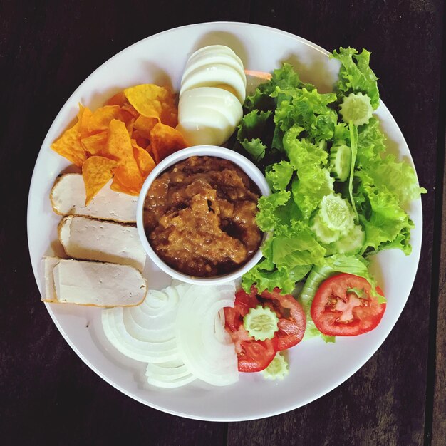 High angle view of food in plate