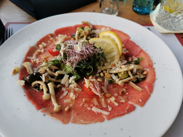 High angle view of food in plate