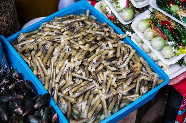 High angle view of food for sale at market stall