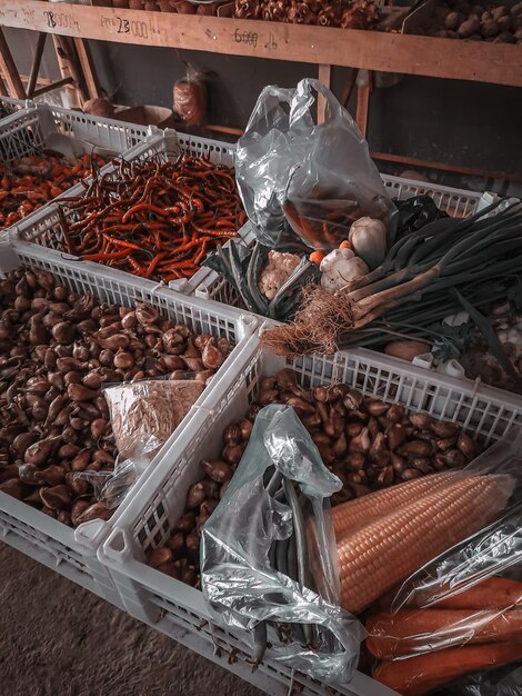 High angle view of food for sale at market stall