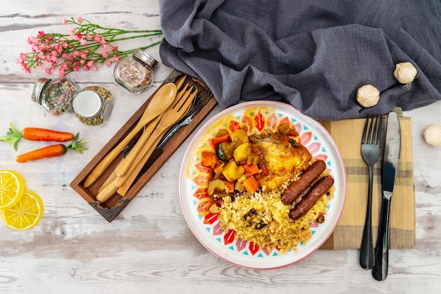 High angle view of food served on cutting board