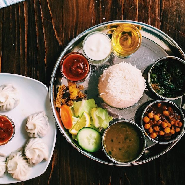 High angle view of food served in plate on table