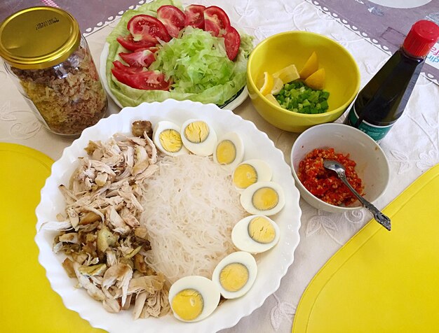 High angle view of food served in plate