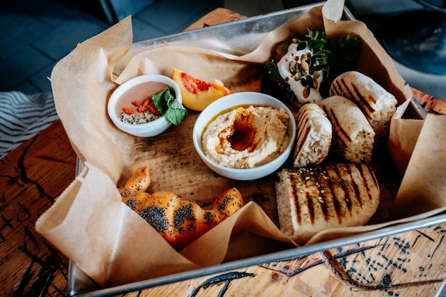 High angle view of food served on table