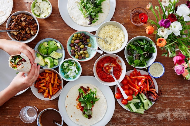 High angle view of food served on table
