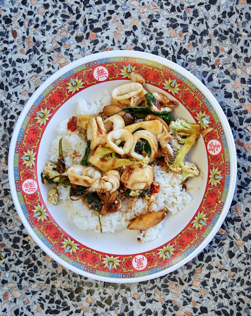 High angle view of food served on table