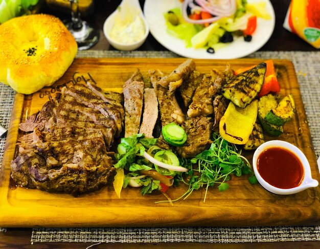 High angle view of food served on table