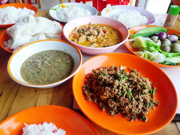 High angle view of food served on table