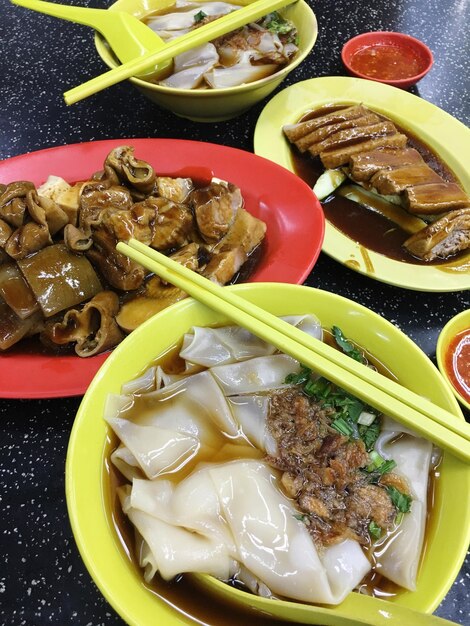 High angle view of food served on table