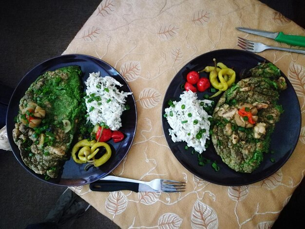 High angle view of food served on table