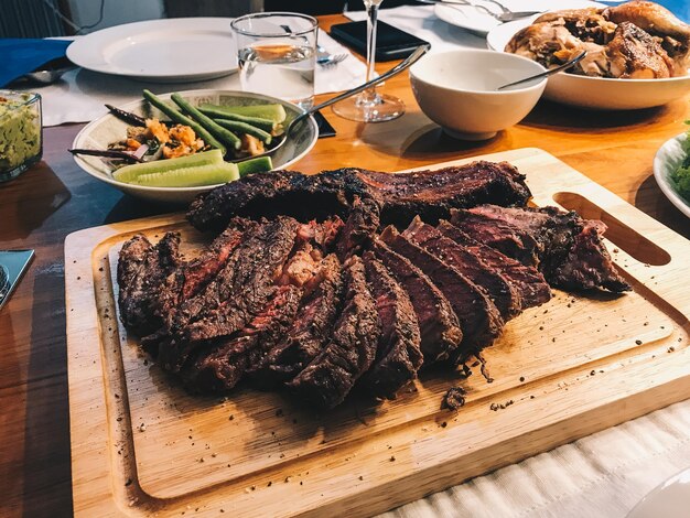 High angle view of food served on table