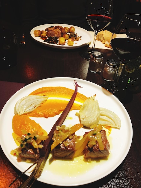 High angle view of food served on table