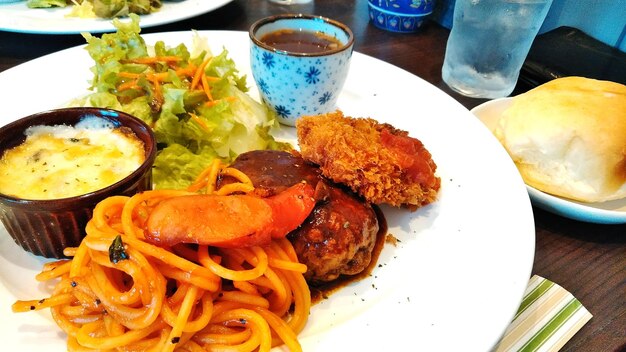 High angle view of food served on table