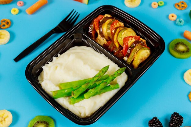 High angle view of food served on table