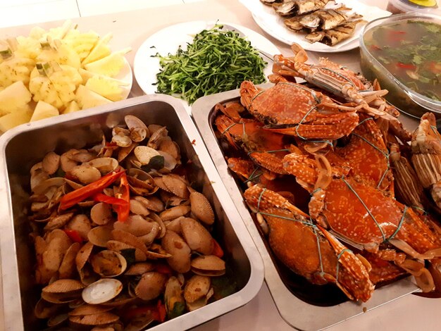 High angle view of food served on table