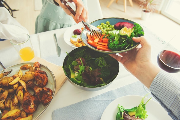 high angle view of food served on table