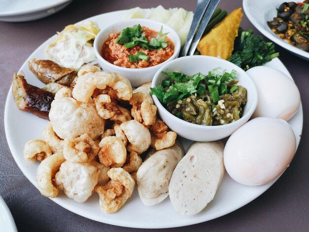 High angle view of food served on table