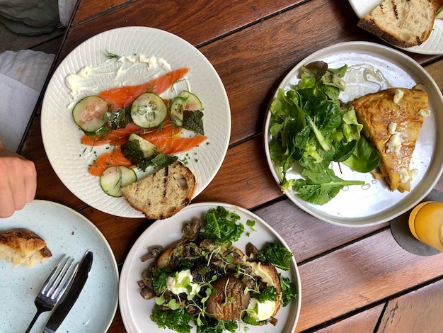 High angle view of food served on table