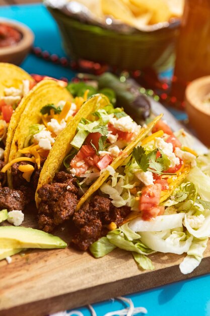 High angle view of food served on table