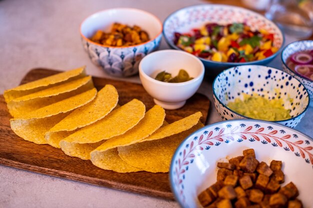 High angle view of food served on table