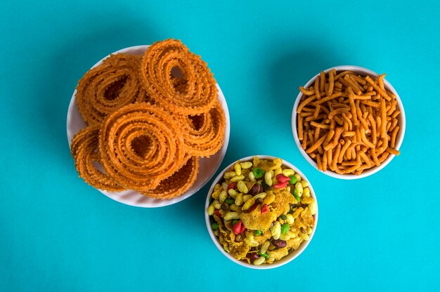 Photo high angle view of food on table against blue background