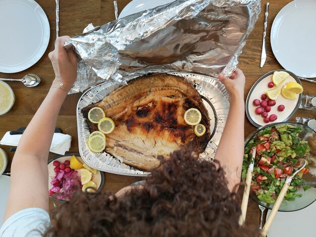 High angle view of food on table