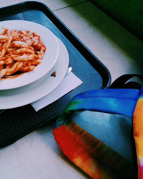 High angle view of food on table