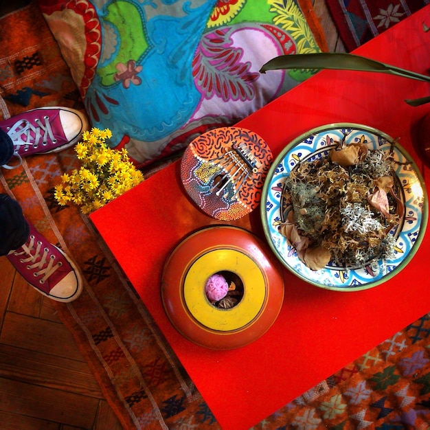 High angle view of food on table