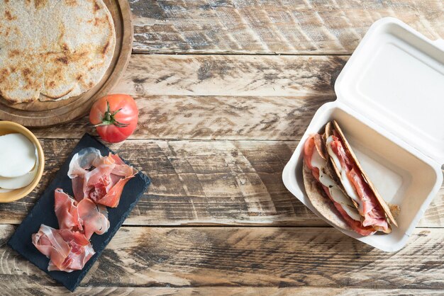 High angle view of food on table