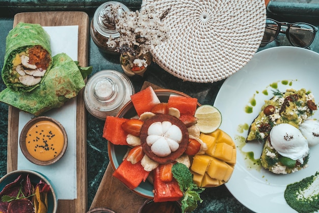 High angle view of food on table