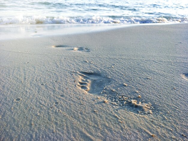 High angle view of footprints on beach