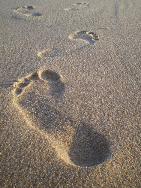 High angle view of footprints on sand