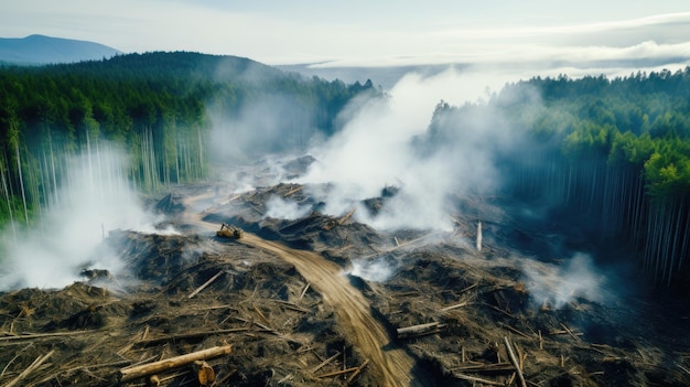 high angle view of forest that was cut down into a large area