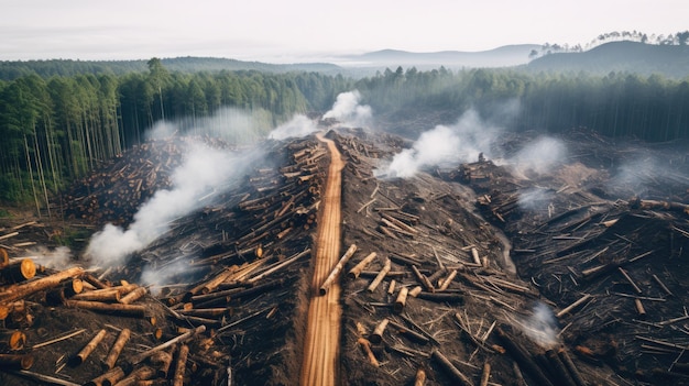 high angle view of forest that was cut down into a large area