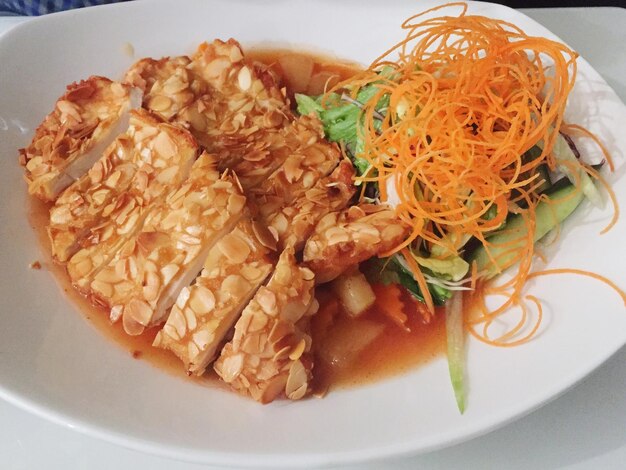 High angle view of fresh meal served in plate