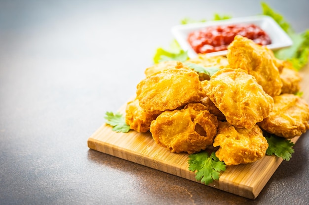high angle view of fried food on table